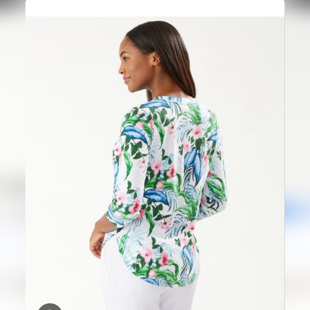 Tommy Bahama Floral Leaf Print Long Sleeve Top - White, Green, Blue, Pink